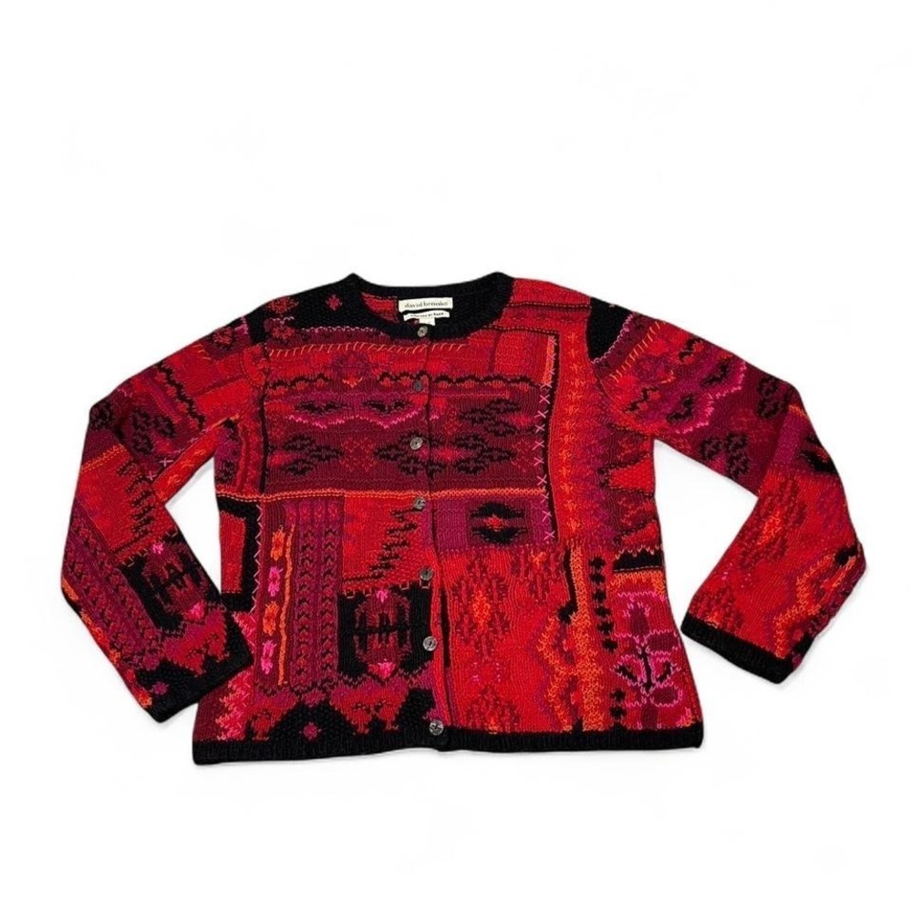 David Brooks hand knit red and black Coogi-style cardigan